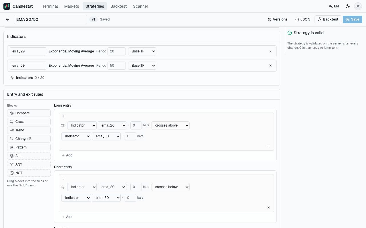 Strategy builder: EMA crossover entry rules